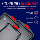 BAKKEN Cookie Sheets for Baking Nonstick Set - 3-Piece Stackable Carbon Steel Baking Sheet Pans Set with Silicone Handles, Non Toxic Cookie Sheets for Baking Bakeware Set - Black