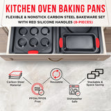 8-Piece Deluxe Non-Stick Bakeware Set with Red Silicone Handles – PFOA & PTFE-Free