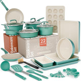 Pots and Pans Set, 22-Piece Non Stick Cookware & Bakeware Sets with Plaid Pattern, Stackable Design, Dishwasher Safe, Stain-resistant, Oven & All-Stove Safe, Tempered Glass Lid,Aqua