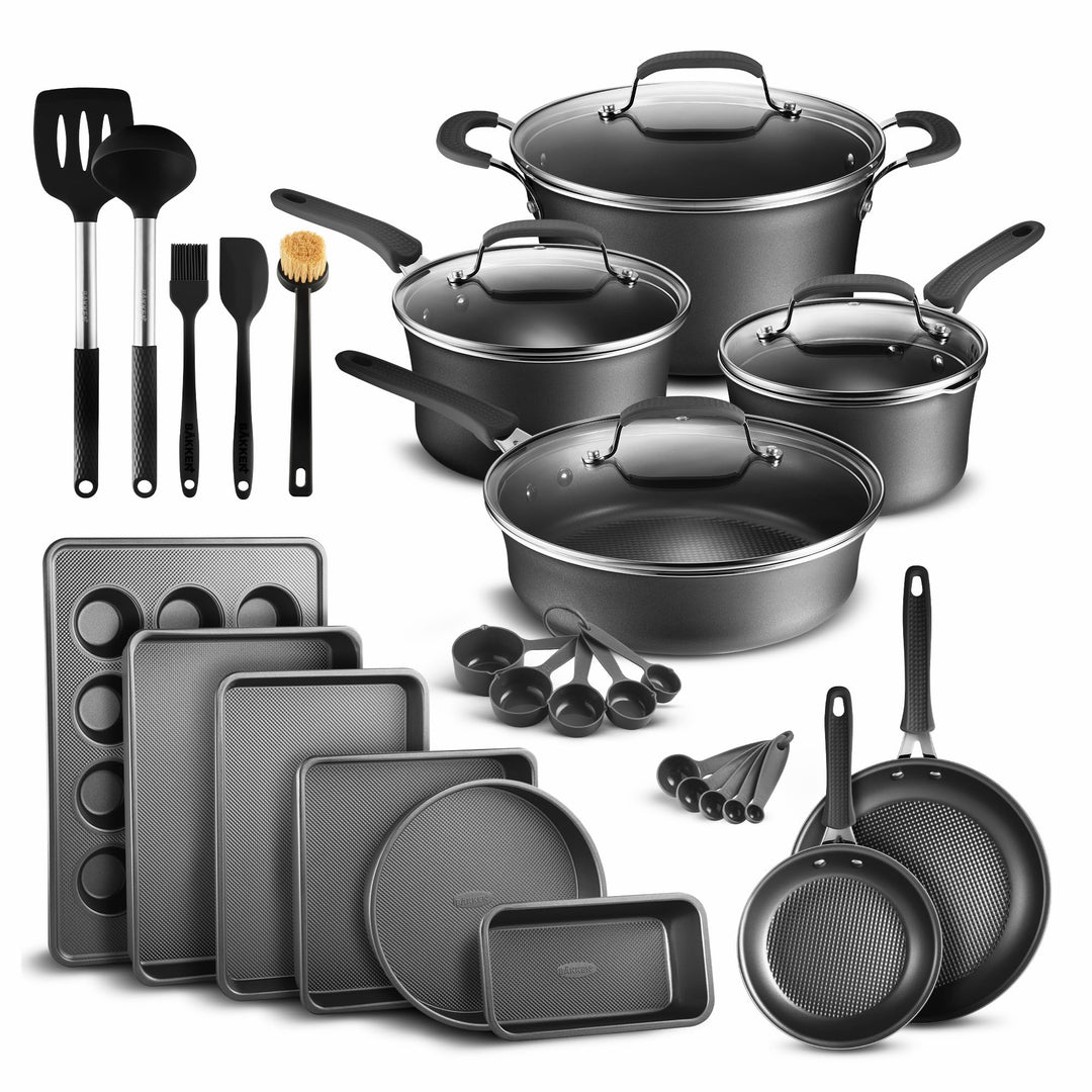Cookware Set – 23 Piece –Black Multi-Sized Cooking Pots with Lids, Skillet Fry Pans and Bakeware – Reinforced Pressed Aluminum Metal - for Gas, Electric, Ceramic and Induction by Bakkenmaster