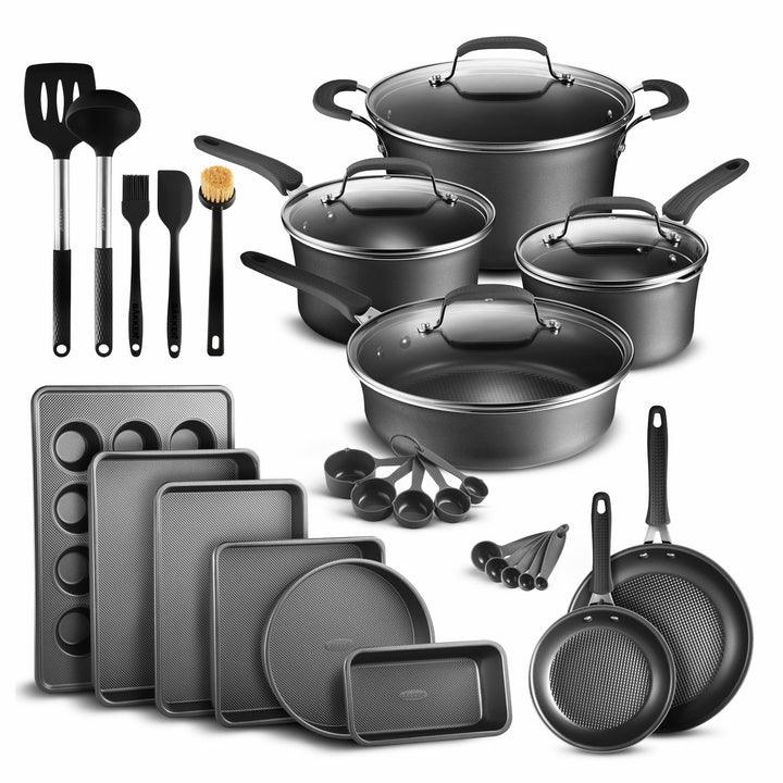 Cookware Set – 23 Piece –Black Multi-Sized Cooking Pots with Lids, Skillet Fry Pans and Bakeware – Reinforced Pressed Aluminum Metal - for Gas, Electric, Ceramic and Induction by Bakkenmaster