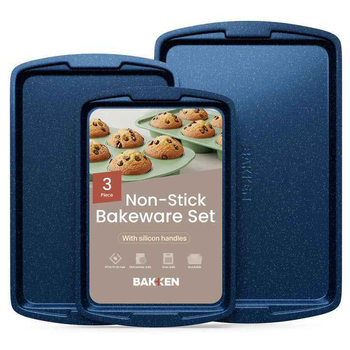 BAKKEN Kitchen Baking Pan Set - Nonstick Coating, Commercial Grade Carbon Steel Bakeware Sets, Baking Kitchen Essentials, PFOA, PFOS, PTFE Free, Oven Safe Tray (Up To 450° F), Set of 3, Blue Marble