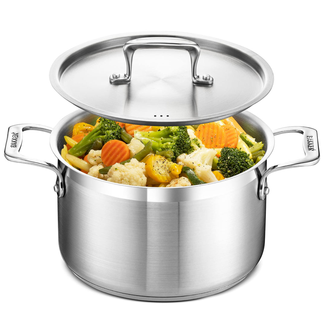 Stainless Steel Stockpot with Lid 5 Quart, Durable 18/8 Stainless Steel, Impact-Bonded Base for Even Heating, Riveted Handles, Oven & All Stove Compatible, Safe Up To 500°F (260°C)