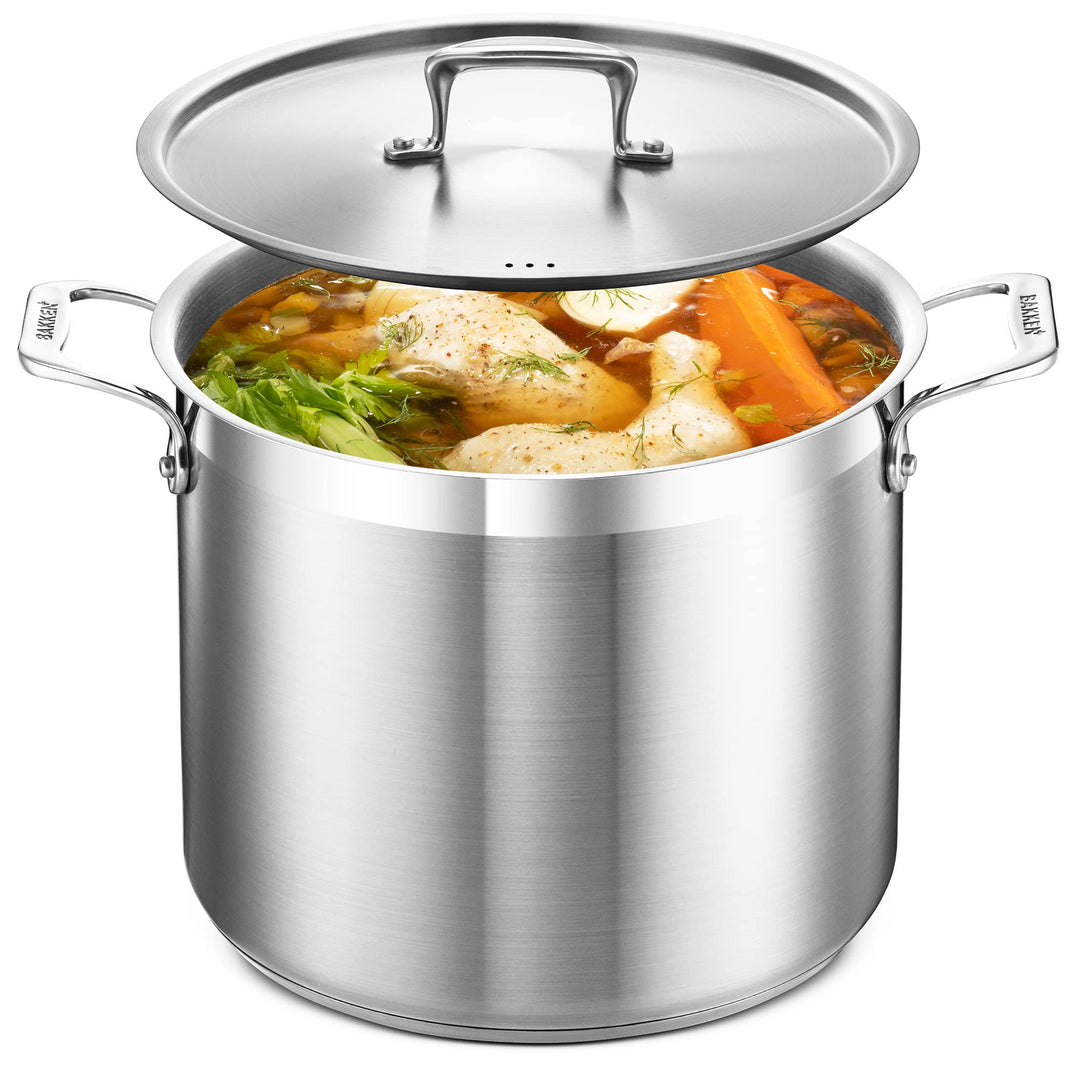 Stockpot – 12 Quart – Brushed Stainless Steel – Heavy Duty Induction Pot with Lid and Riveted Handles – For Soup, Seafood, Stock, Canning and for Catering for Large Groups and Events by BAKKEN
