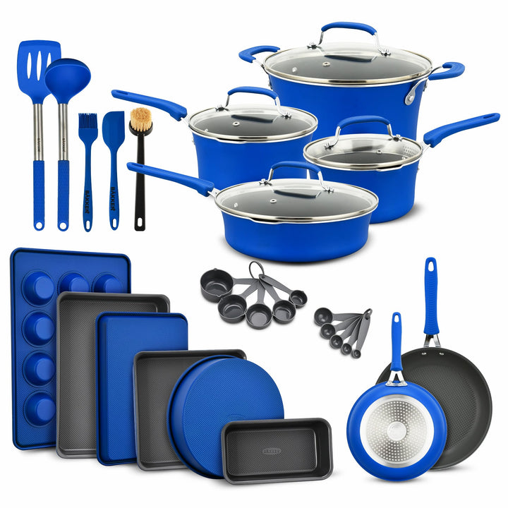 Pots and Pans Set, 23-Piece Non Stick Cookware & Bakeware Sets with Plaid Pattern, Stackable Design, Dishwasher Safe, Stain-resistant, Oven & All-Stove Safe, Tempered Glass Lid, Blue