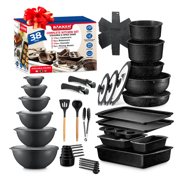 Bakken Master 38 Piece Granite Cookware & Bakeware Set – Nonstick Granite Coating, Pots and Pans with Detachable Handle and Tempered Glass Lids, 6-piece Bakeware set, 12-piece Mixing Bowls,Gray Marble