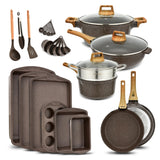 Bakken Master 20 Piece Cookware Set - Pots and Pans with Handle Grips and Tempered Glass Lids, With 6-piece Bakeware Set, Nonstick Granite Coating, Ceramic Max Temperature (Up To 500°F), Brown Marble