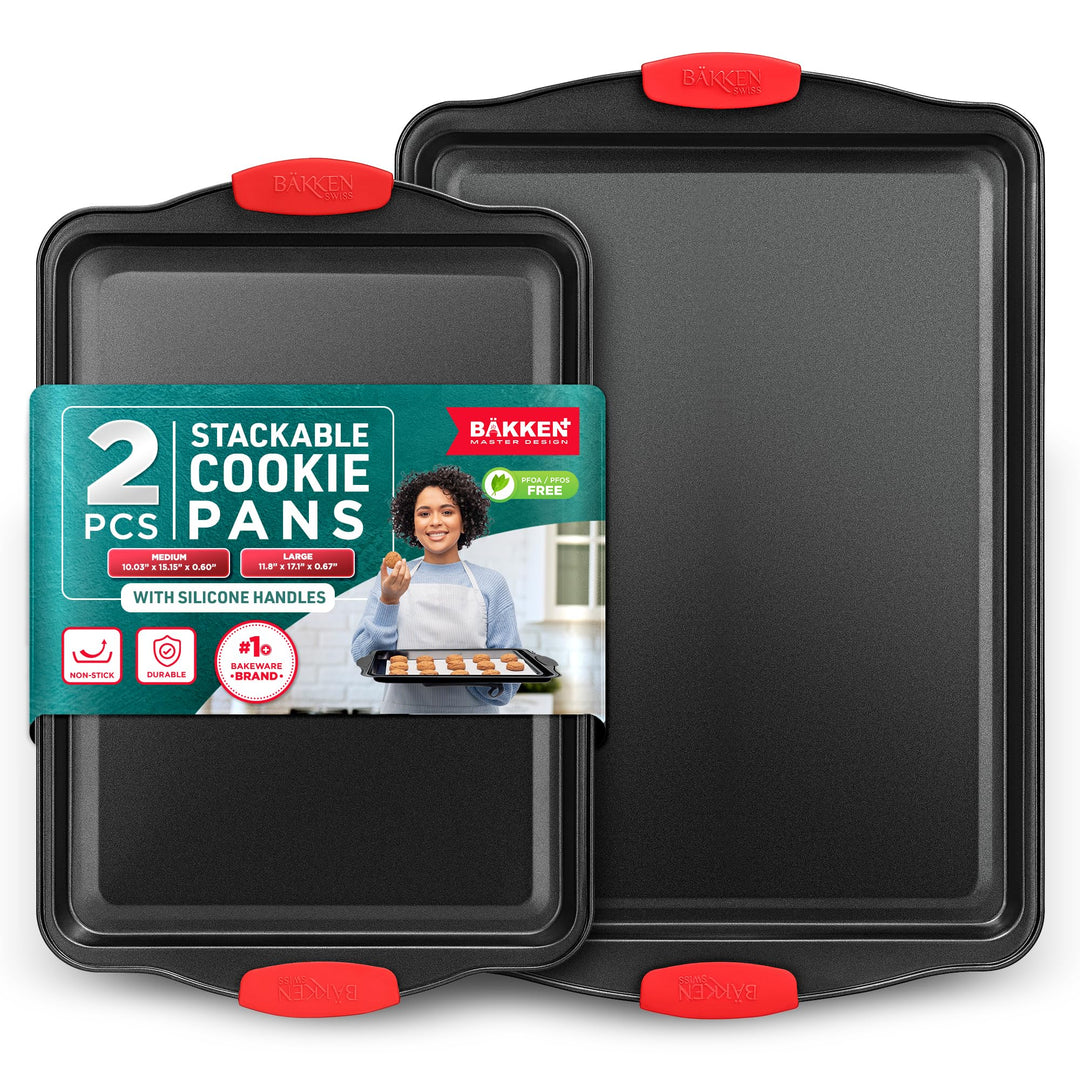 BAKKEN Kitchen Baking Pans - Medium (15.15 × 10.03") and Large (17.1 x 11.8") Nonstick Sheets, Carbon Steel Cookie Sheets with Red Silicone Handles, PFOA, PFOS, PTFE Free, Oven Safe (450°F), Set of 2