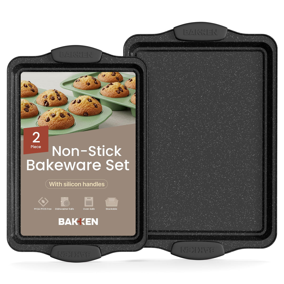 BAKKEN Kitchen Baking Pans - Medium (15.15 × 10.03") and Large (17.1 x 11.8") Nonstick Sheets, Carbon Steel Cookie Sheets with Gray Silicone Handles, PFOA, PFOS, PTFE Free, Oven Safe (450°F), Set of 2