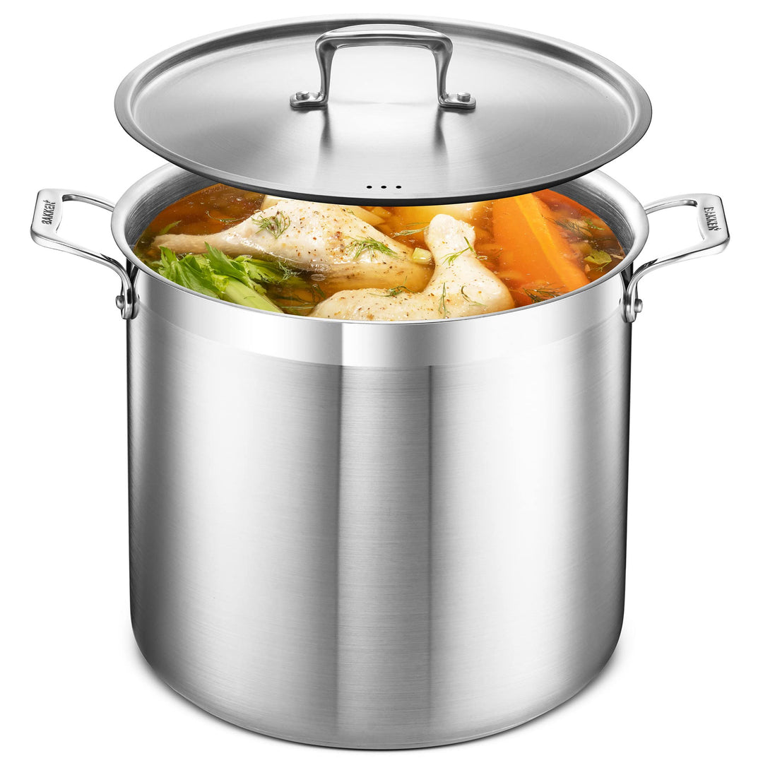 Stainless Steel Stockpot with Lid 20 Quart, Durable 18/8 Stainless Steel, Impact-Bonded Base for Even Heating, Riveted Handles, Oven & All Stove Compatible, Safe Up To 500°F (260°C)