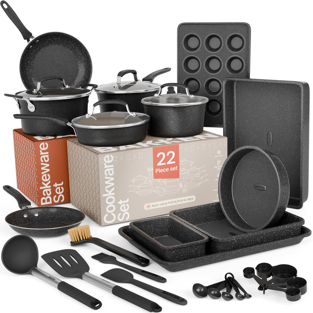 Pots and Pans Set, 22-Piece Non Stick Cookware & Bakeware Sets with Plaid Pattern, Stackable Design, Dishwasher Safe, Stain-resistant, Oven & All-Stove Safe, Tempered Glass Lid, Dark Gray