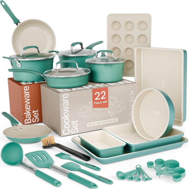 Pots and Pans Set, 22-Piece Non Stick Cookware & Bakeware Sets with Plaid Pattern, Stackable Design, Dishwasher Safe, Stain-resistant, Oven & All-Stove Safe, Tempered Glass Lid,Aqua
