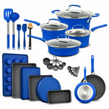 Pots and Pans Set, 23-Piece Non Stick Cookware & Bakeware Sets with Plaid Pattern, Stackable Design, Dishwasher Safe, Stain-resistant, Oven & All-Stove Safe, Tempered Glass Lid, Blue
