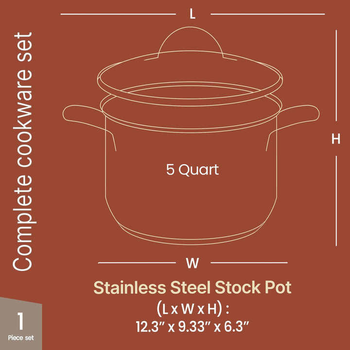 Stainless Steel Stockpot with Tempered Glass Lid 5 Quart, Durable 18/0 Stainless Steel, Impact-Bonded Base for Even Heating, Riveted Handles, Oven & All Stove Compatible, Safe Up To 500°F (260°C)