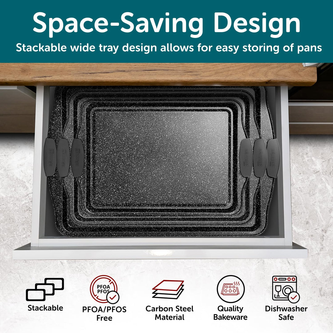 BAKKEN Kitchen Baking Pans - Medium (15.15 × 10.03") and Large (17.1 x 11.8") Nonstick Sheets, Carbon Steel Cookie Sheets with Red Silicone Handles, PFOA, PFOS, PTFE Free, Oven Safe (450°F), Set of 2