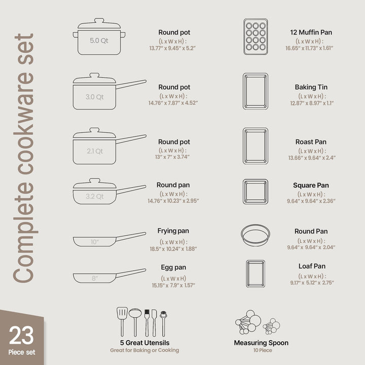 Cookware Set – 23 Piece –Gold Multi-Sized Cooking Pots with Lids, Skillet Fry Pans and Bakeware – Reinforced Pressed Aluminum Metal - Suitable for Gas, Electric, Ceramic and Induction by Bakkenmaster