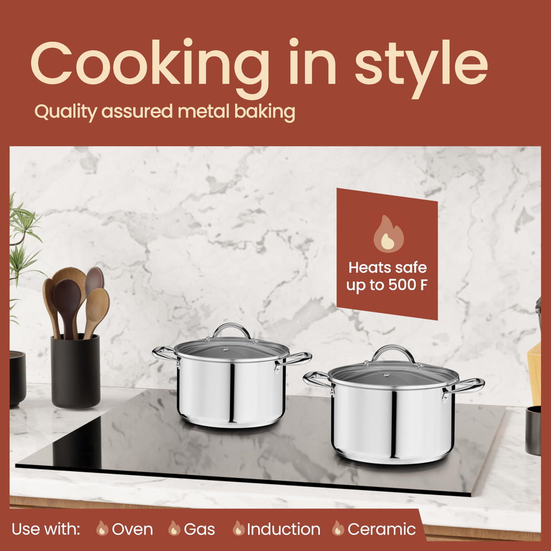 Stainless Steel Stockpot with Tempered Glass Lid 5 Quart, Durable 18/0 Stainless Steel, Impact-Bonded Base for Even Heating, Riveted Handles, Oven & All Stove Compatible, Safe Up To 500°F (260°C)