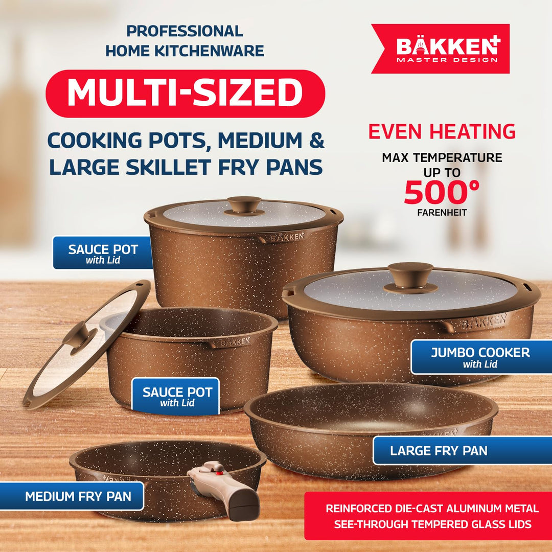 Bakken Master 38 Piece Granite Cookware and Bakeware Set – Nonstick Granite Coating, Pots and Pans with Detachable Handles and Tempered Glass Lids, 6-piece Bakeware set, 12-piece Mixing Bowls,Brown