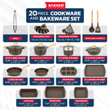 Bakken Master 20 Piece Cookware Set - Pots and Pans with Handle Grips and Tempered Glass Lids, With 6-piece Bakeware Set, Nonstick Granite Coating, Ceramic Max Temperature (Up To 500°F), Brown Marble