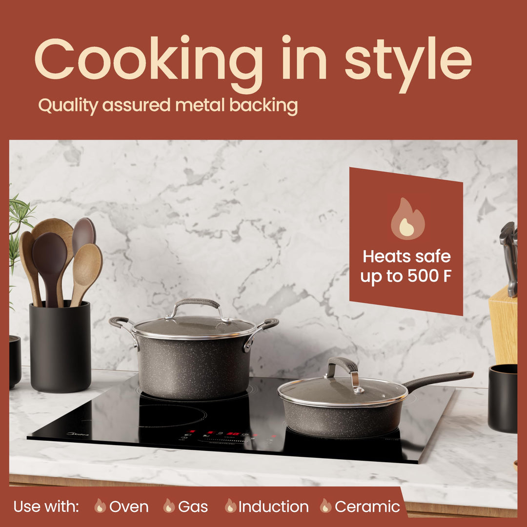 Pots and Pans Set, 22-Piece Non Stick Cookware & Bakeware Sets with Plaid Pattern, Stackable Design, Dishwasher Safe, Stain-resistant, Oven & All-Stove Safe, Tempered Glass Lid, Dark Gray