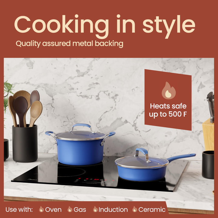 Pots and Pans Set, 22-Piece Non Stick Cookware & Bakeware Sets with Plaid Pattern, Stackable Design, Dishwasher Safe, Stain-resistant, Oven & All-Stove Safe, Tempered Glass Lid, Blue