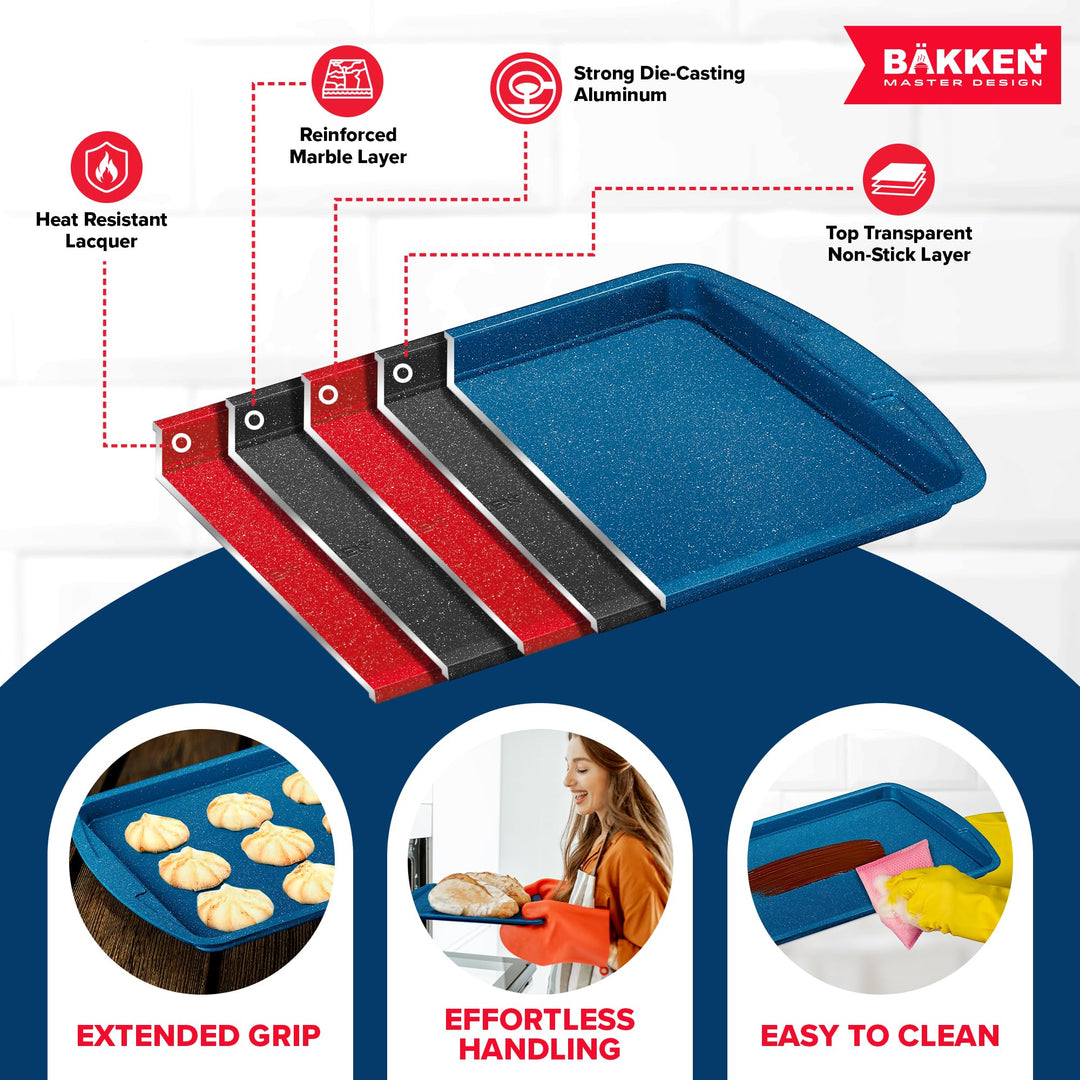 BAKKEN Kitchen Baking Pan Set - Nonstick Coating, Commercial Grade Carbon Steel Bakeware Sets, Baking Kitchen Essentials, PFOA, PFOS, PTFE Free, Oven Safe Tray (Up To 450° F), Set of 3, Blue Marble