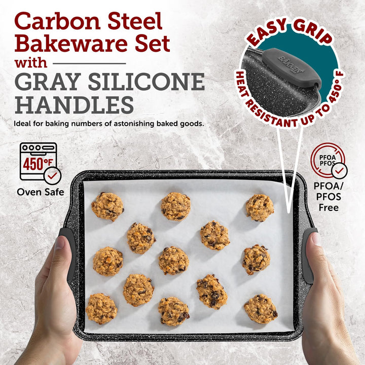 BAKKEN Kitchen Baking Pans - Medium (15.15 × 10.03") and Large (17.1 x 11.8") Nonstick Sheets, Carbon Steel Cookie Sheets with Gray Silicone Handles, PFOA, PFOS, PTFE Free, Oven Safe (450°F), Set of 2