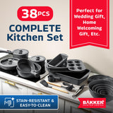 Bakken Master 38 Piece Granite Cookware & Bakeware Set – Nonstick Granite Coating, Pots and Pans with Detachable Handle and Tempered Glass Lids, 6-piece Bakeware set, 12-piece Mixing Bowls,Gray Marble