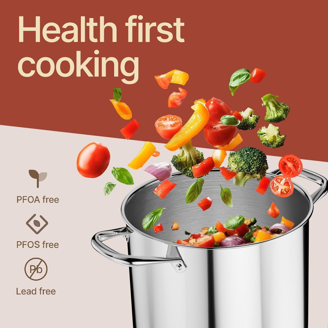 Stainless Steel Stockpot with Tempered Glass Lid 12 Quart, Durable 18/0 Stainless Steel, Impact-Bonded Base for Even Heating, Riveted Handles, Oven & All Stove Compatible, Safe Up To 500°F (260°C)