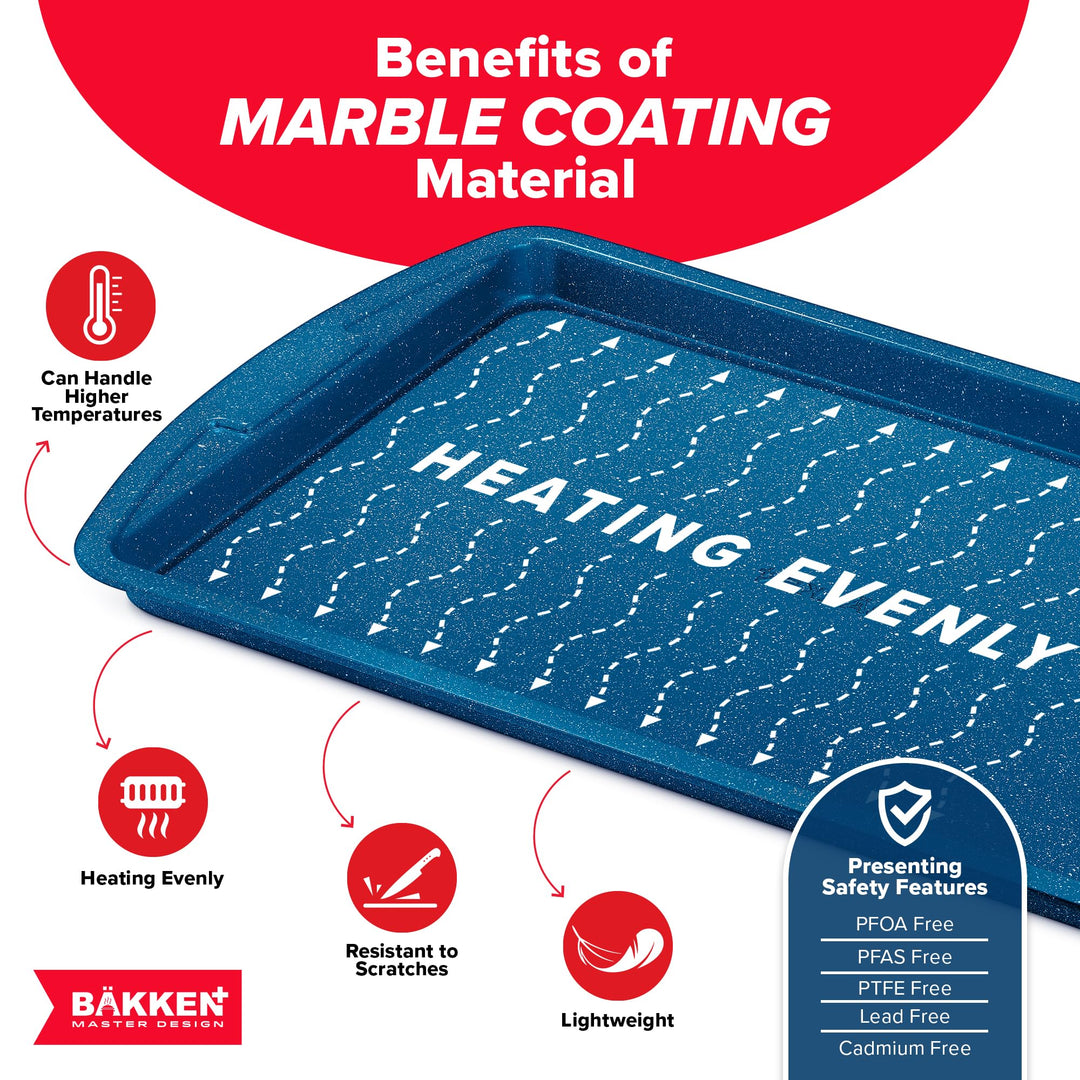 BAKKEN Kitchen Baking Pan Set - Nonstick Coating, Commercial Grade Carbon Steel Bakeware Sets, Baking Kitchen Essentials, PFOA, PFOS, PTFE Free, Oven Safe Tray (Up To 450° F), Set of 3, Blue Marble