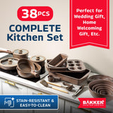 Bakken Master 38 Piece Granite Cookware and Bakeware Set – Nonstick Granite Coating, Pots and Pans with Detachable Handles and Tempered Glass Lids, 6-piece Bakeware set, 12-piece Mixing Bowls,Brown