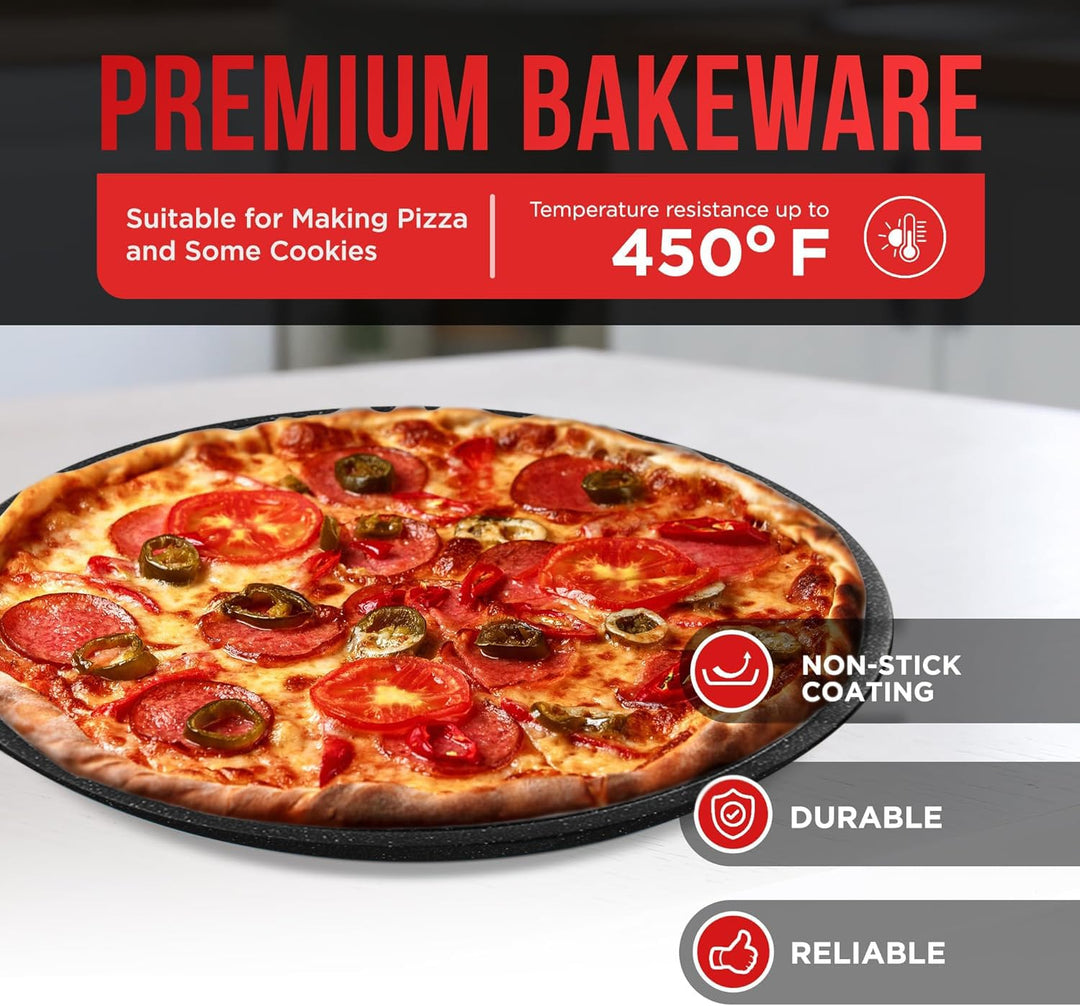 Gray Marble Non Stick Pizza Pans Set of 3 – Carbon Steel Pizza Baking Trays (9.45", 11.02", 12.99") for Oven Use, Durable, PFOA, PFOS, PTFE Free, Dishwasher Safe, Stain-resistant, Easy Cleanup