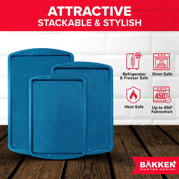 BAKKEN Kitchen Baking Pan Set - Nonstick Coating, Commercial Grade Carbon Steel Bakeware Sets, Baking Kitchen Essentials, PFOA, PFOS, PTFE Free, Oven Safe Tray (Up To 450° F), Set of 3, Blue Marble