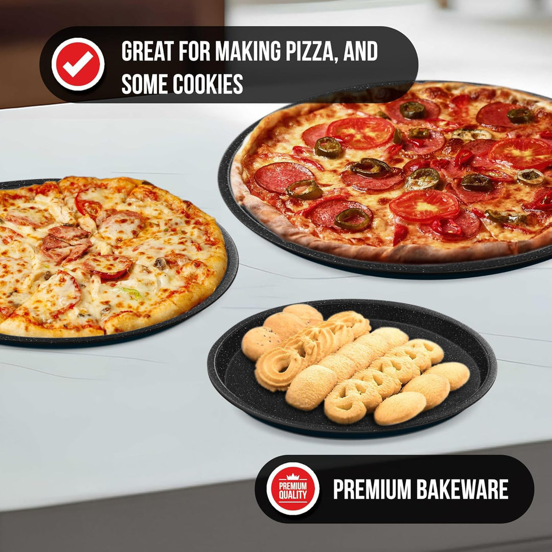 Gray Marble Non Stick Pizza Pans Set of 3 – Carbon Steel Pizza Baking Trays (9.45", 11.02", 12.99") for Oven Use, Durable, PFOA, PFOS, PTFE Free, Dishwasher Safe, Stain-resistant, Easy Cleanup