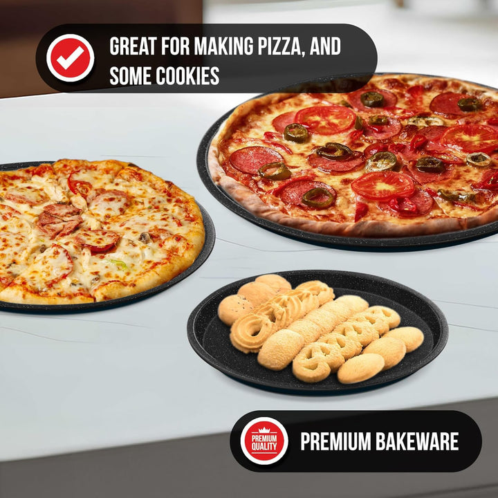 Gray Marble Non Stick Pizza Pans Set of 3 – Carbon Steel Pizza Baking Trays (9.45", 11.02", 12.99") for Oven Use, Durable, PFOA, PFOS, PTFE Free, Dishwasher Safe, Stain-resistant, Easy Cleanup