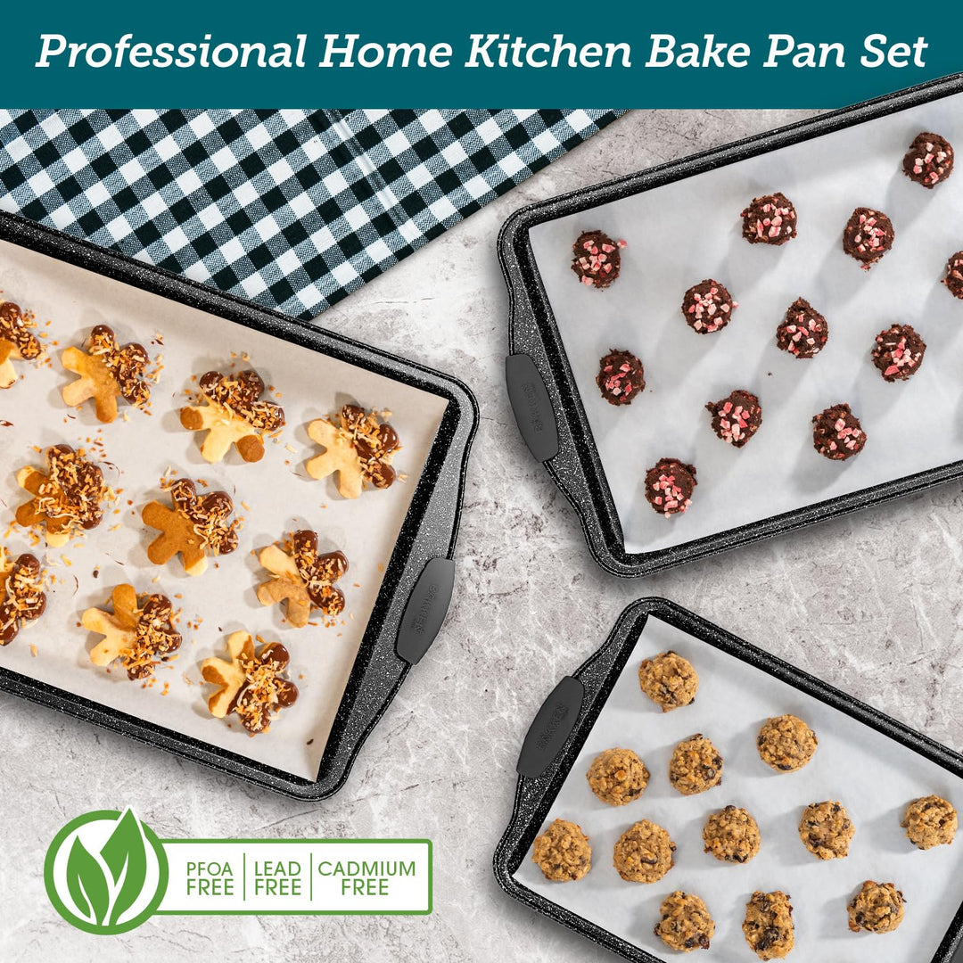 BAKKEN Kitchen Baking Pans - Medium (15.15 × 10.03") and Large (17.1 x 11.8") Nonstick Sheets, Carbon Steel Cookie Sheets with Gray Silicone Handles, PFOA, PFOS, PTFE Free, Oven Safe (450°F), Set of 2
