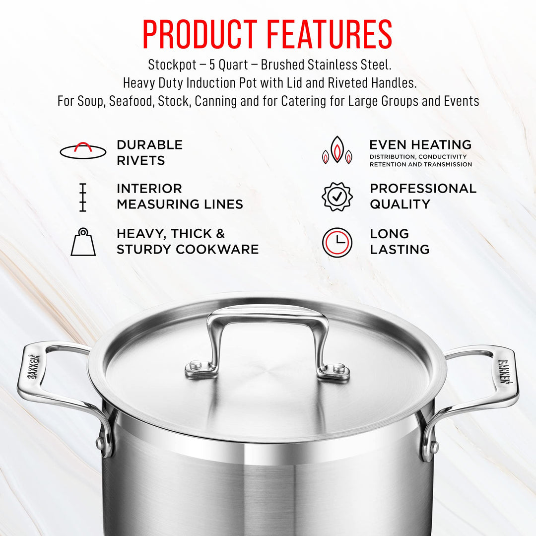 Stainless Steel Stockpot with Lid 5 Quart, Durable 18/8 Stainless Steel, Impact-Bonded Base for Even Heating, Riveted Handles, Oven & All Stove Compatible, Safe Up To 500°F (260°C)