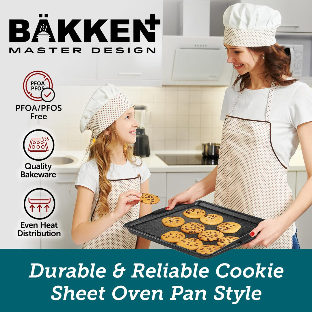 BAKKEN Kitchen Baking Pans - Medium (15.15 × 10.03") and Large (17.1 x 11.8") Nonstick Sheets, Carbon Steel Cookie Sheets with Gray Silicone Handles, PFOA, PFOS, PTFE Free, Oven Safe (450°F), Set of 2