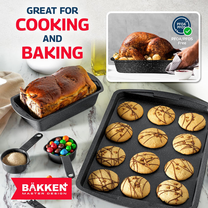 Bakken Master 38 Piece Granite Cookware & Bakeware Set – Nonstick Granite Coating, Pots and Pans with Detachable Handle and Tempered Glass Lids, 6-piece Bakeware set, 12-piece Mixing Bowls,Gray Marble