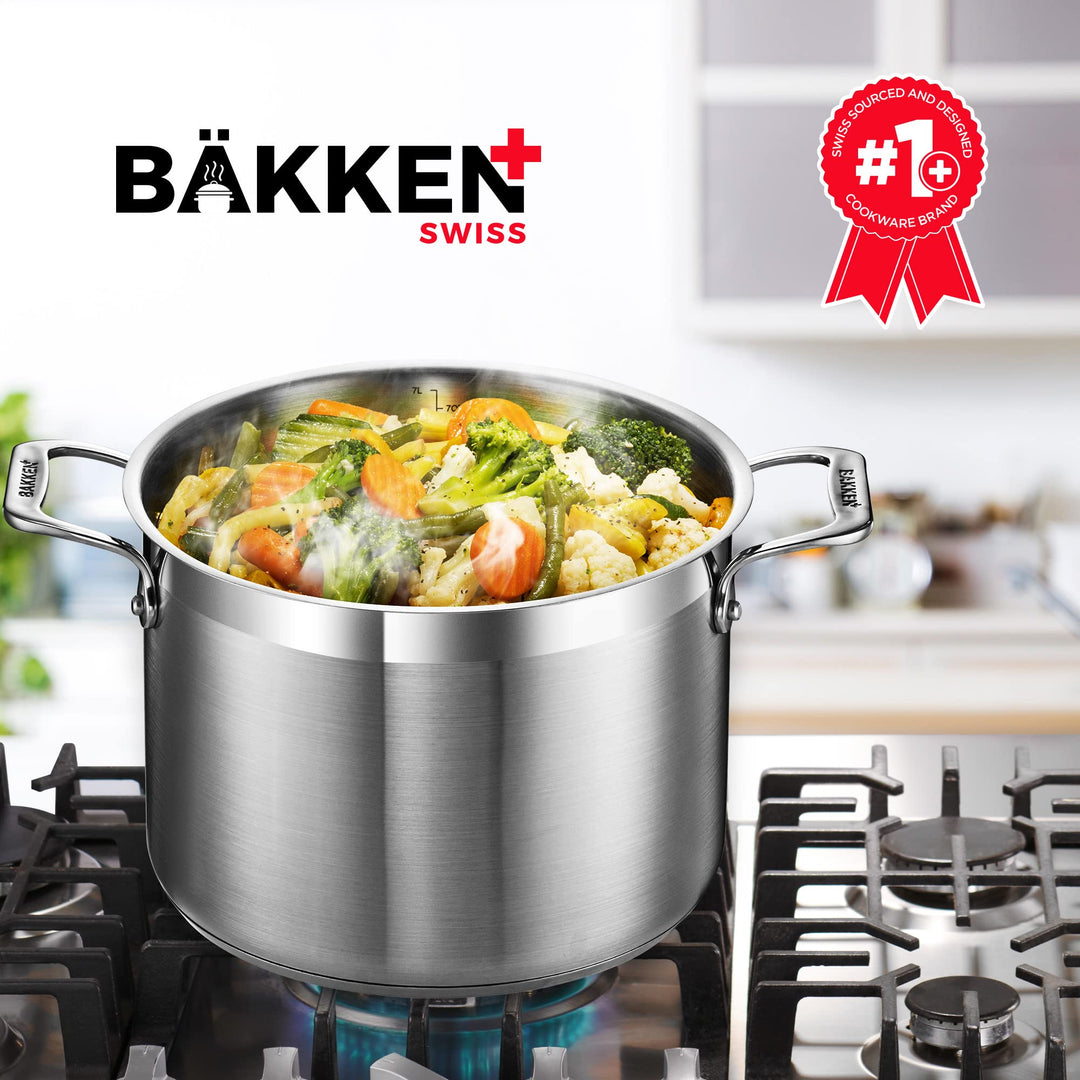 Stainless Steel Stockpot with Lid 5 Quart, Durable 18/8 Stainless Steel, Impact-Bonded Base for Even Heating, Riveted Handles, Oven & All Stove Compatible, Safe Up To 500°F (260°C)