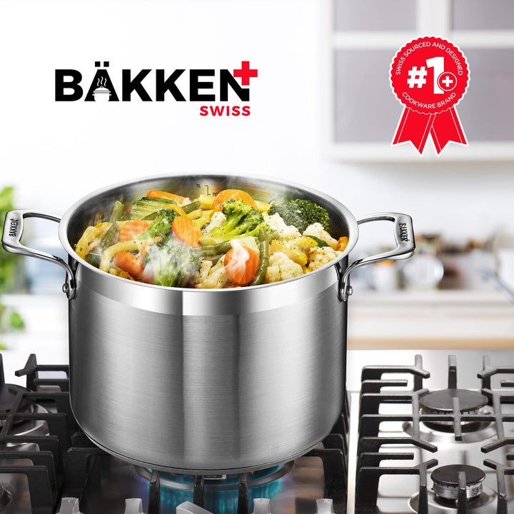 Stainless Steel Stockpot with Lid 5 Quart, Durable 18/8 Stainless Steel, Impact-Bonded Base for Even Heating, Riveted Handles, Oven & All Stove Compatible, Safe Up To 500°F (260°C)
