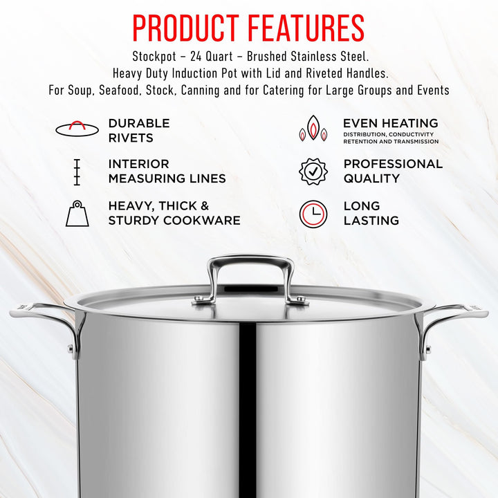 Stockpot – 24 Quart – Brushed Stainless Steel – Heavy Duty Induction Pot with Lid and Riveted Handles – For Soup, Seafood, Stock, Canning and for Catering for Large Groups and Events by BAKKEN