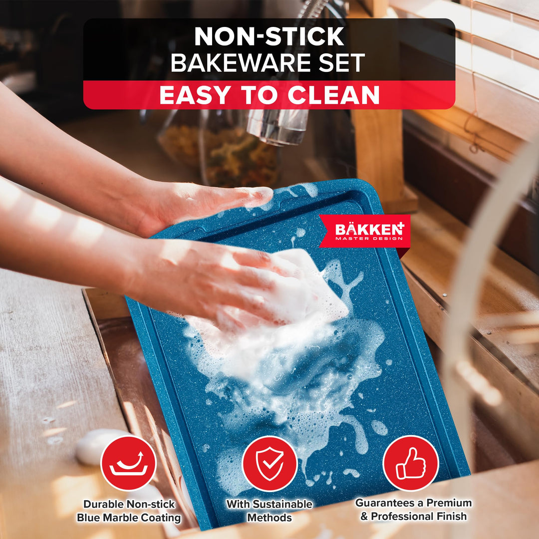 BAKKEN Kitchen Baking Pan Set - Nonstick Coating, Commercial Grade Carbon Steel Bakeware Sets, Baking Kitchen Essentials, PFOA, PFOS, PTFE Free, Oven Safe Tray (Up To 450° F), Set of 3, Blue Marble
