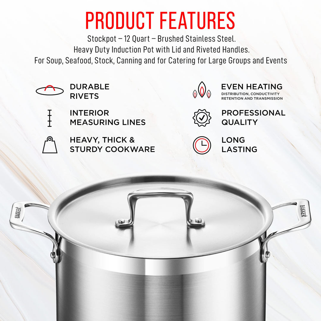 Stockpot – 12 Quart – Brushed Stainless Steel – Heavy Duty Induction Pot with Lid and Riveted Handles – For Soup, Seafood, Stock, Canning and for Catering for Large Groups and Events by BAKKEN