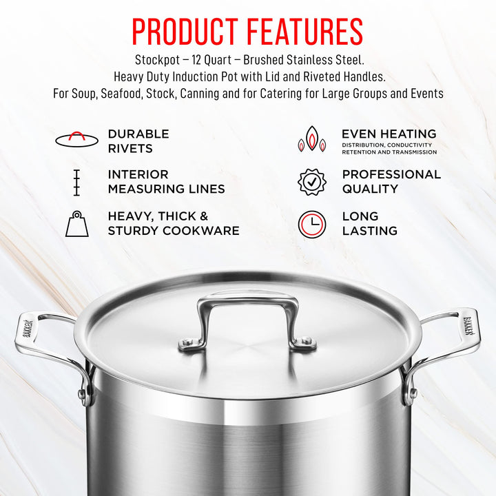 Stockpot – 12 Quart – Brushed Stainless Steel – Heavy Duty Induction Pot with Lid and Riveted Handles – For Soup, Seafood, Stock, Canning and for Catering for Large Groups and Events by BAKKEN