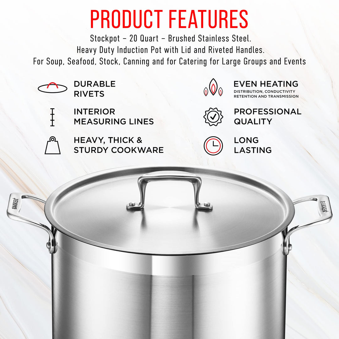 Stainless Steel Stockpot with Lid 20 Quart, Durable 18/8 Stainless Steel, Impact-Bonded Base for Even Heating, Riveted Handles, Oven & All Stove Compatible, Safe Up To 500°F (260°C)