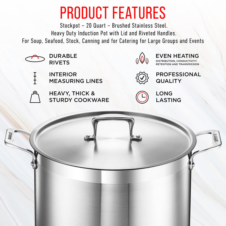 Stainless Steel Stockpot with Lid 20 Quart, Durable 18/8 Stainless Steel, Impact-Bonded Base for Even Heating, Riveted Handles, Oven & All Stove Compatible, Safe Up To 500°F (260°C)