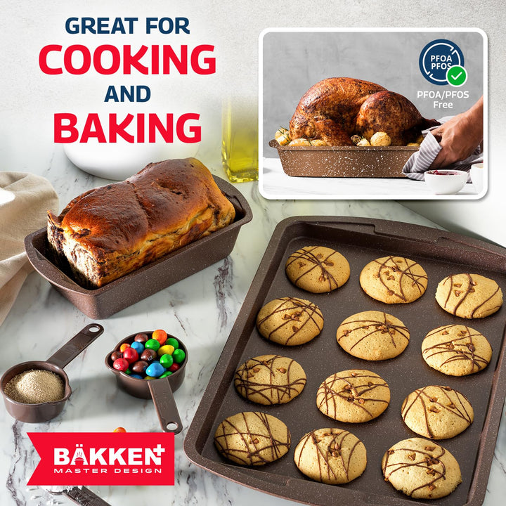 Bakken Master 38 Piece Granite Cookware and Bakeware Set – Nonstick Granite Coating, Pots and Pans with Detachable Handles and Tempered Glass Lids, 6-piece Bakeware set, 12-piece Mixing Bowls,Brown