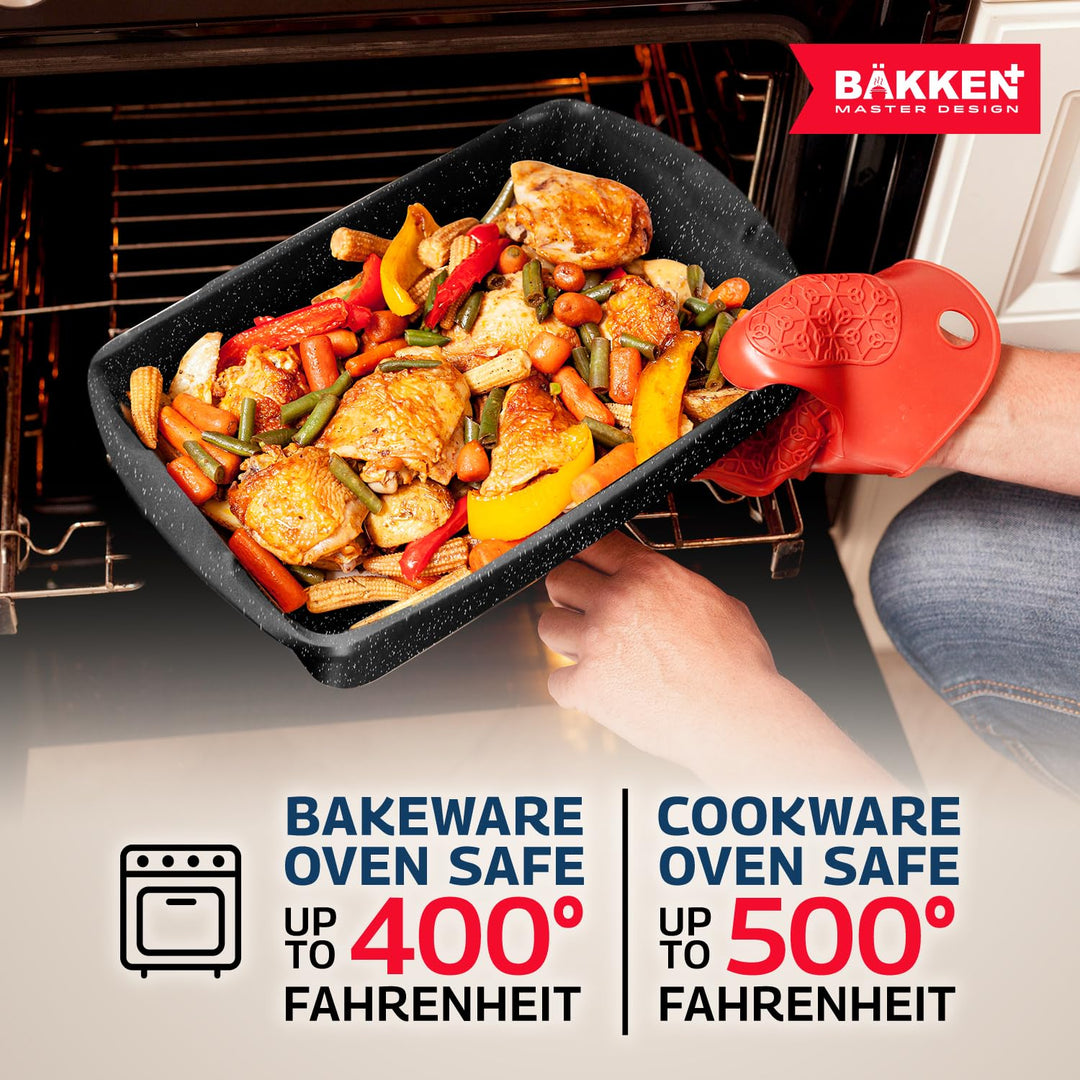Bakken Master 38 Piece Granite Cookware & Bakeware Set – Nonstick Granite Coating, Pots and Pans with Detachable Handle and Tempered Glass Lids, 6-piece Bakeware set, 12-piece Mixing Bowls,Gray Marble