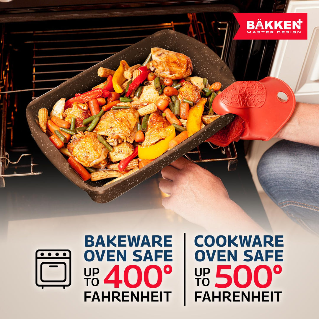 Bakken Master 38 Piece Granite Cookware and Bakeware Set – Nonstick Granite Coating, Pots and Pans with Detachable Handles and Tempered Glass Lids, 6-piece Bakeware set, 12-piece Mixing Bowls,Brown